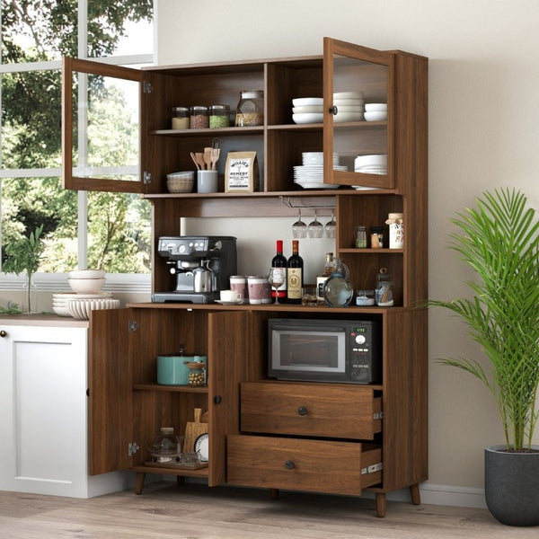 English Elm Modern Glass Door Buffet Hutch with Drawers and Pantry Storage for Dining Rooms W331S00218
