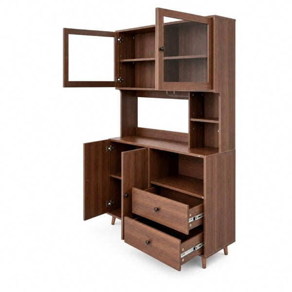 English Elm Modern Glass Door Buffet Hutch with Drawers and Pantry Storage for Dining Rooms W331S00218
