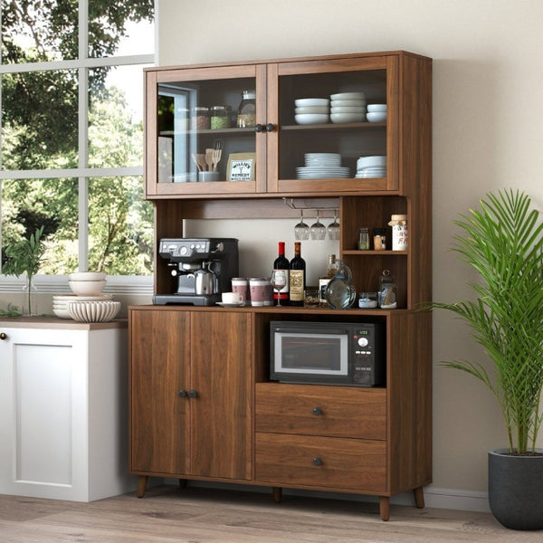 English Elm Modern Glass Door Buffet Hutch with Drawers and Pantry Storage for Dining Rooms W331S00218