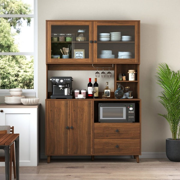 English Elm Modern Glass Door Buffet Hutch with Drawers and Pantry Storage for Dining Rooms W331S00218