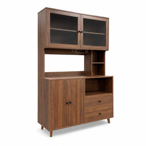 English Elm Modern Glass Door Buffet Hutch with Drawers and Pantry Storage for Dining Rooms W331S00218