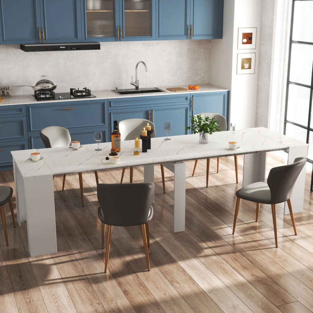 English Elm Multifunctional Extendable Dining Console Table Seats Twelve with Built-In Leaf Storage W331S00224