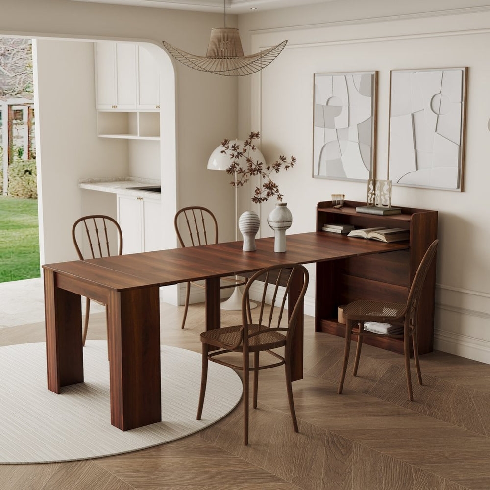 English Elm Modern Extendable Convertible Dining Table with Built-in Storage for Small Spaces W331S00225