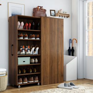 English Elm 6 Tier Freestanding Shoe Cabinet with Sliding Panel Door Rolling Casters Entryway W331S00227