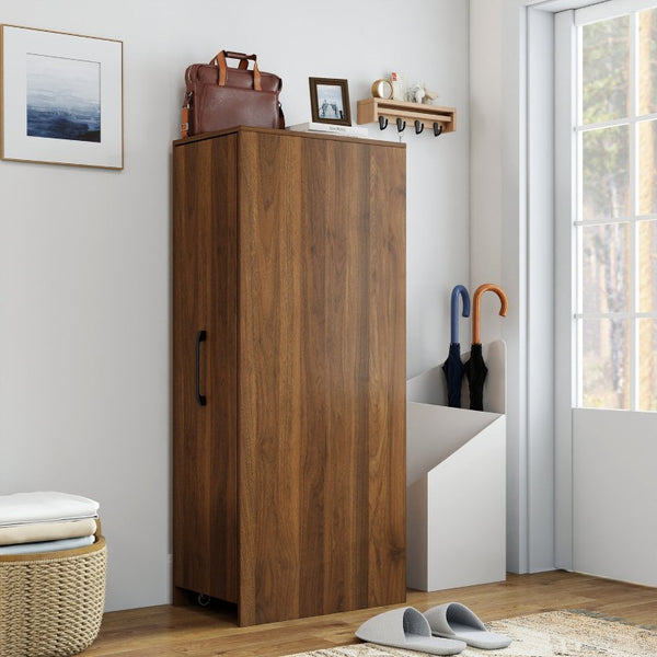 English Elm 6 Tier Freestanding Shoe Cabinet with Sliding Panel Door Rolling Casters Entryway W331S00227