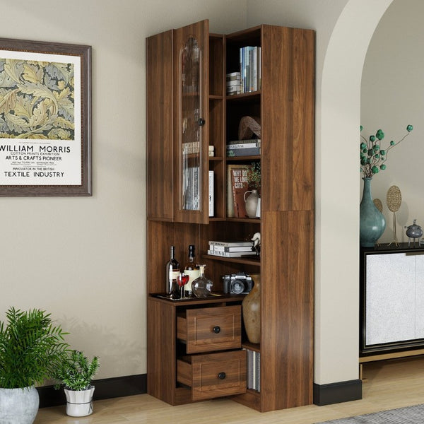 English Elm Modern L-Shaped Corner Bookcase Six Tiers Arched Glass Cabinet and Two Drawers W331S00232