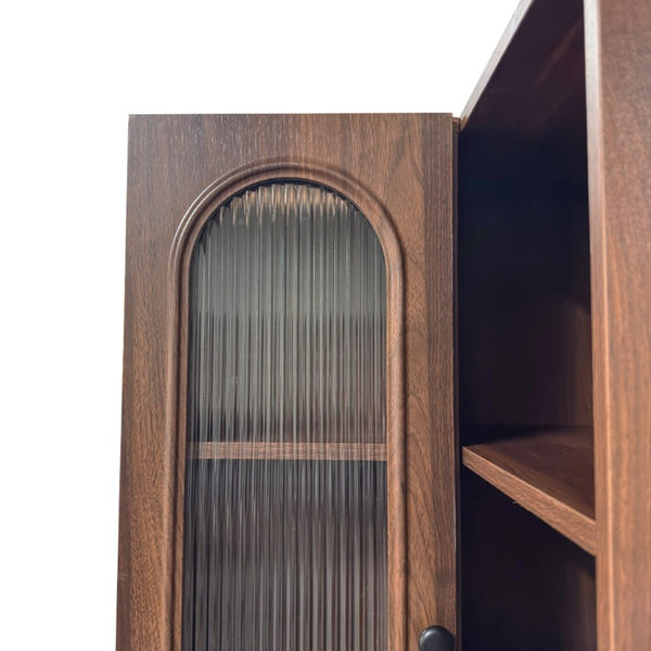 English Elm Modern L-Shaped Corner Bookcase Six Tiers Arched Glass Cabinet and Two Drawers W331S00232