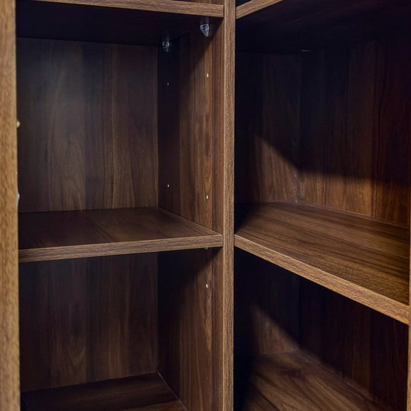 English Elm Modern L-Shaped Corner Bookcase Six Tiers Arched Glass Cabinet and Two Drawers W331S00232