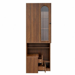 English Elm Modern L-Shaped Corner Bookcase Six Tiers Arched Glass Cabinet and Two Drawers W331S00232