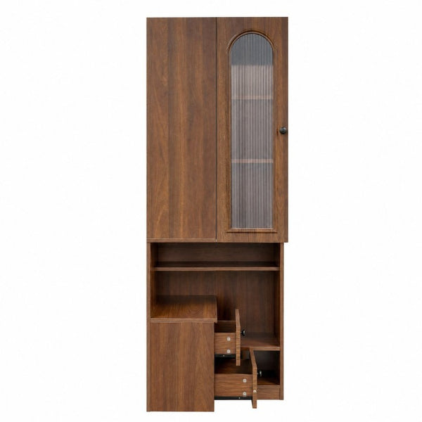 English Elm Modern L-Shaped Corner Bookcase Six Tiers Arched Glass Cabinet and Two Drawers W331S00232