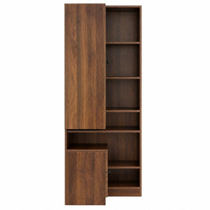 English Elm Modern L-Shaped Corner Bookcase Six Tiers Arched Glass Cabinet and Two Drawers W331S00232