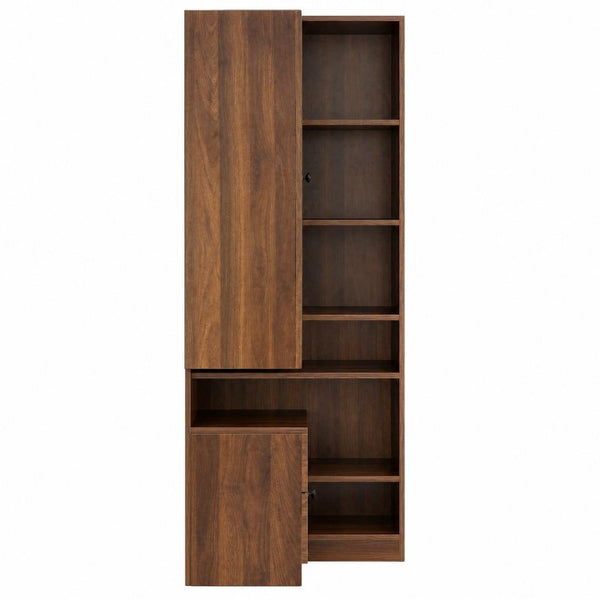 English Elm Modern L-Shaped Corner Bookcase Six Tiers Arched Glass Cabinet and Two Drawers W331S00232