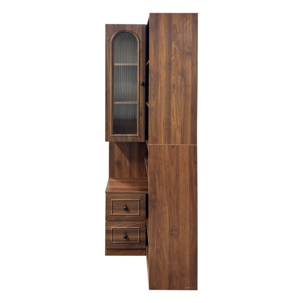 English Elm Modern L-Shaped Corner Bookcase Six Tiers Arched Glass Cabinet and Two Drawers W331S00232