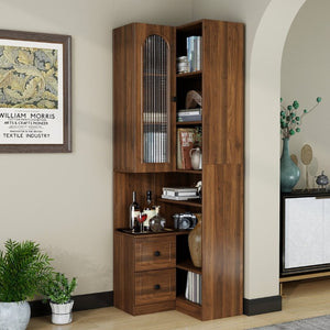English Elm Modern L-Shaped Corner Bookcase Six Tiers Arched Glass Cabinet and Two Drawers W331S00232