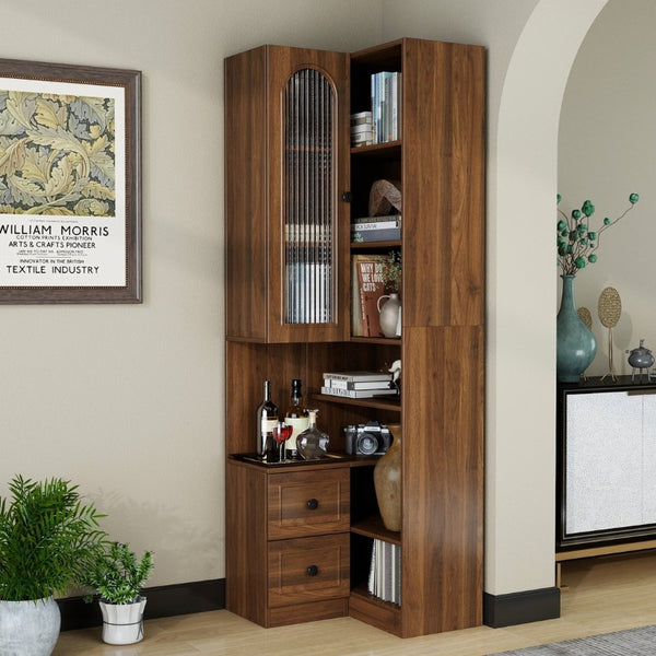English Elm Modern L-Shaped Corner Bookcase Six Tiers Arched Glass Cabinet and Two Drawers W331S00232
