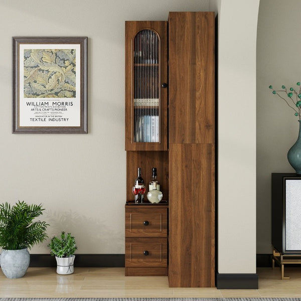 English Elm Modern L-Shaped Corner Bookcase Six Tiers Arched Glass Cabinet and Two Drawers W331S00232