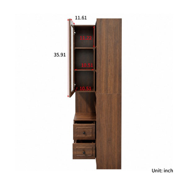 English Elm Modern L-Shaped Corner Bookcase Six Tiers Arched Glass Cabinet and Two Drawers W331S00232