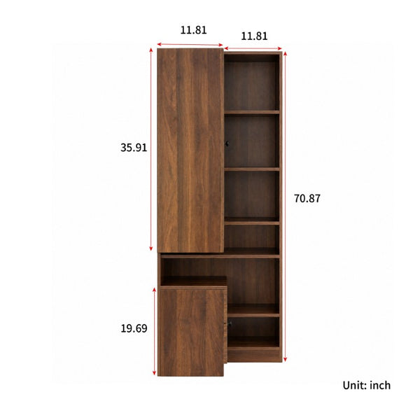 English Elm Modern L-Shaped Corner Bookcase Six Tiers Arched Glass Cabinet and Two Drawers W331S00232