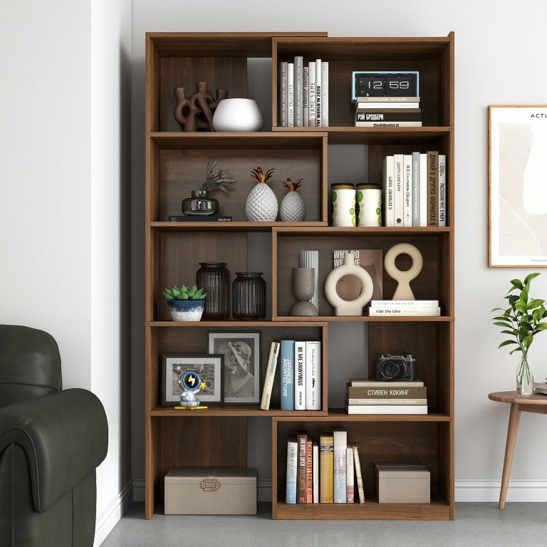 English Elm Modern Walnut Five Tier Asymmetric Open Bookcase Sculptural Display Shelf for Any Room W331S00233