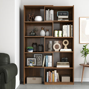 English Elm Modern Walnut Five Tier Asymmetric Open Bookcase Sculptural Display Shelf for Any Room W331S00233
