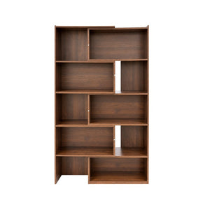 English Elm Modern Walnut Five Tier Asymmetric Open Bookcase Sculptural Display Shelf for Any Room W331S00233