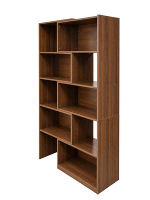 English Elm Modern Walnut Five Tier Asymmetric Open Bookcase Sculptural Display Shelf for Any Room W331S00233