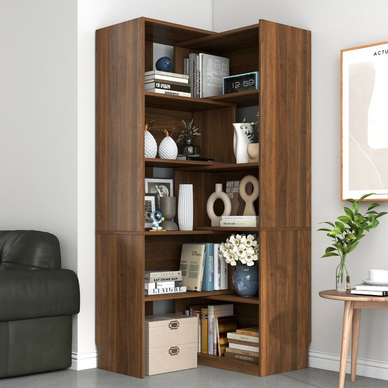 English Elm Modern Walnut Five Tier Asymmetric Open Bookcase Sculptural Display Shelf for Any Room W331S00233