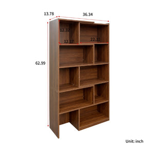 English Elm Modern Walnut Five Tier Asymmetric Open Bookcase Sculptural Display Shelf for Any Room W331S00233
