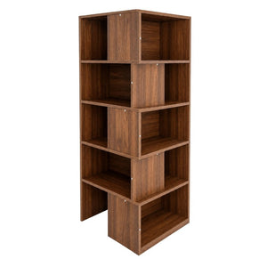 English Elm Modern Walnut Five Tier Asymmetric Open Bookcase Sculptural Display Shelf for Any Room W331S00233