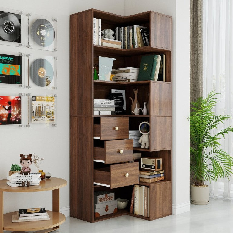English Elm Modern L Shaped Corner Bookcase Six Tier Open Shelving with Brass Knob Drawers W331S00234