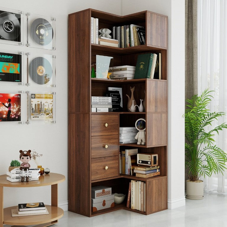 English Elm Modern L Shaped Corner Bookcase Six Tier Open Shelving with Brass Knob Drawers W331S00234