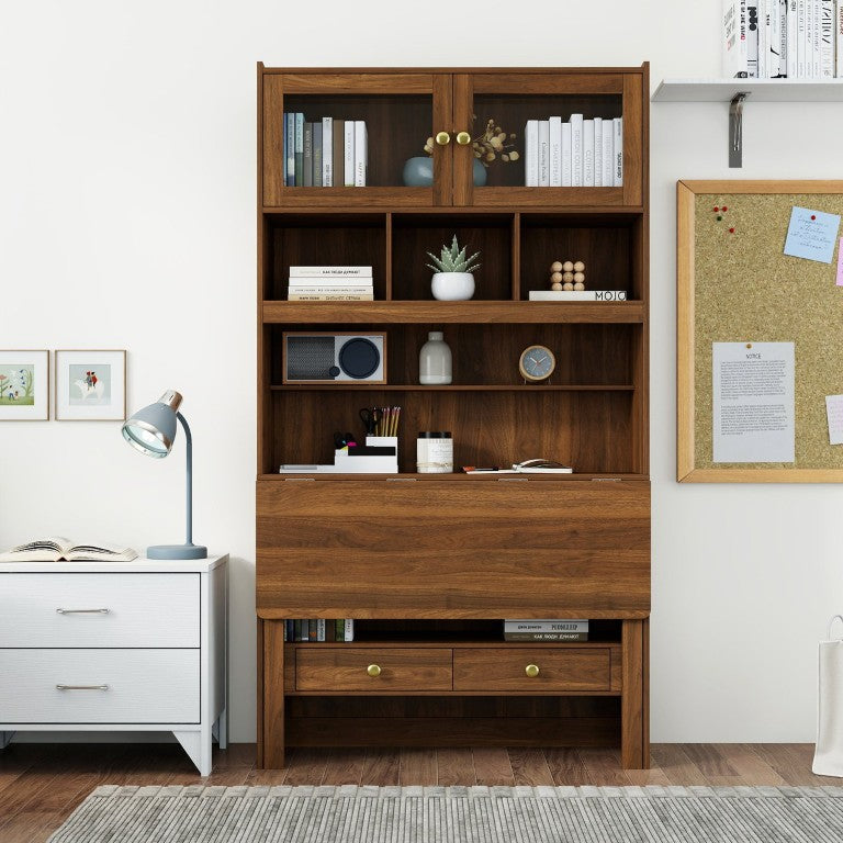 English Elm Fold-Out Secretary Cabinet Desk with Glass Doors Drawers and Cubbies for Small Spaces W331S00246