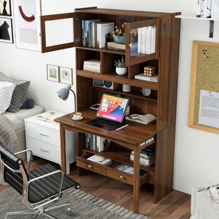 English Elm Fold-Out Secretary Cabinet Desk with Glass Doors Drawers and Cubbies for Small Spaces W331S00246