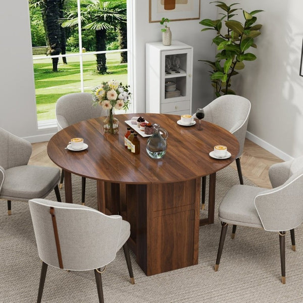 English Elm Round Drop Leaf Dining Table Convertible Console for Small Apartments Modern Style W331S00248