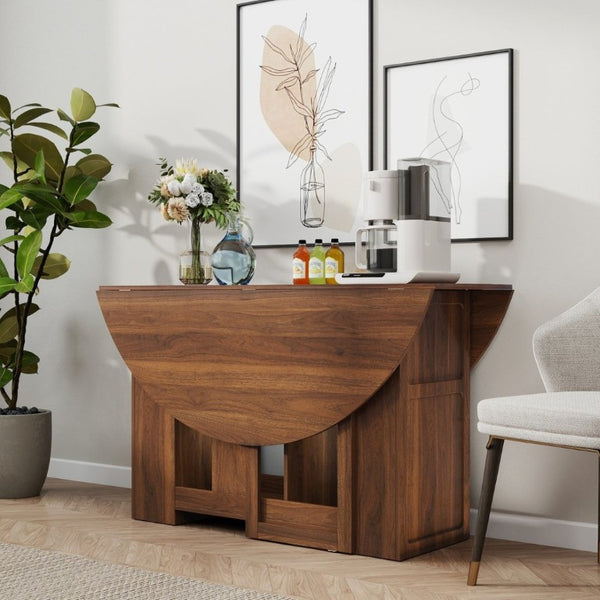 English Elm Round Drop Leaf Dining Table Convertible Console for Small Apartments Modern Style W331S00248