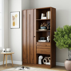 English Elm Freestanding Tall Fluted Door Cabinet with Drawers and Open Shelves for Slim Spaces W331S00249