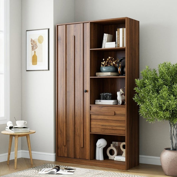 English Elm Freestanding Tall Fluted Door Cabinet with Drawers and Open Shelves for Slim Spaces W331S00249