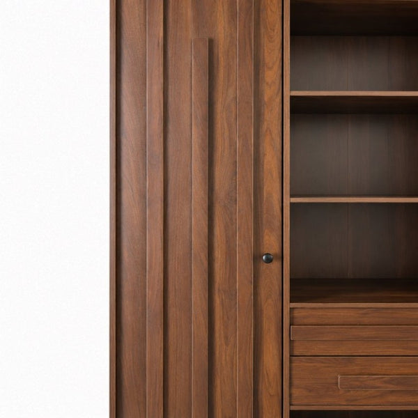 English Elm Freestanding Tall Fluted Door Cabinet with Drawers and Open Shelves for Slim Spaces W331S00249