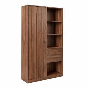 English Elm Freestanding Tall Fluted Door Cabinet with Drawers and Open Shelves for Slim Spaces W331S00249