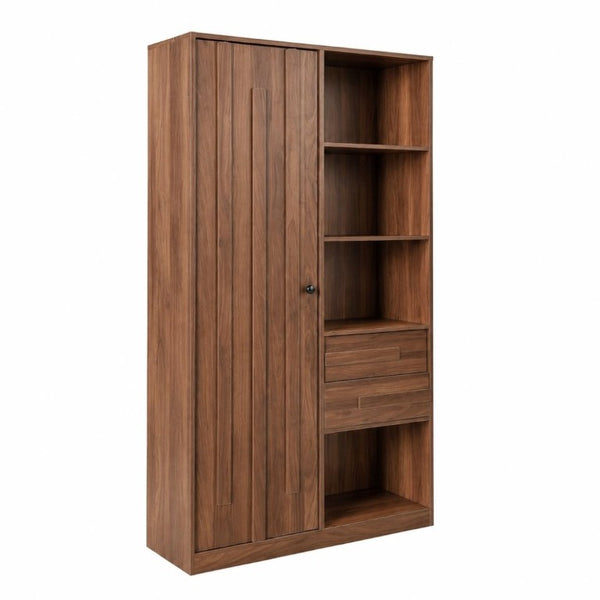 English Elm Freestanding Tall Fluted Door Cabinet with Drawers and Open Shelves for Slim Spaces W331S00249