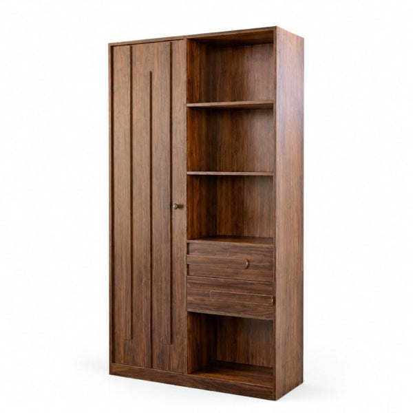 English Elm Freestanding Tall Fluted Door Cabinet with Drawers and Open Shelves for Slim Spaces W331S00249