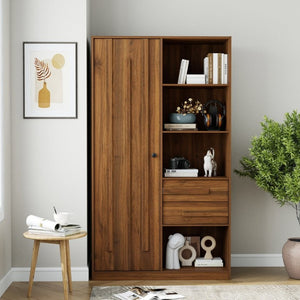 English Elm Freestanding Tall Fluted Door Cabinet with Drawers and Open Shelves for Slim Spaces W331S00249
