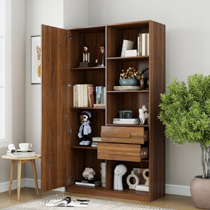 English Elm Freestanding Tall Fluted Door Cabinet with Drawers and Open Shelves for Slim Spaces W331S00249