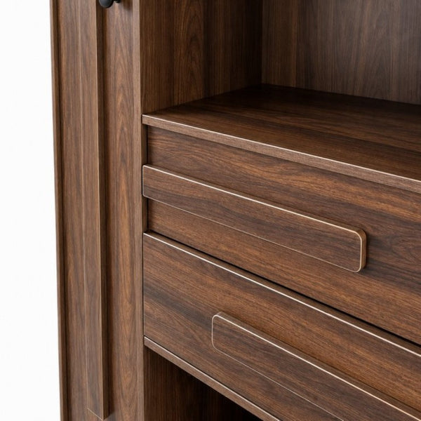 English Elm Freestanding Tall Fluted Door Cabinet with Drawers and Open Shelves for Slim Spaces W331S00249