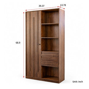 English Elm Freestanding Tall Fluted Door Cabinet with Drawers and Open Shelves for Slim Spaces W331S00249