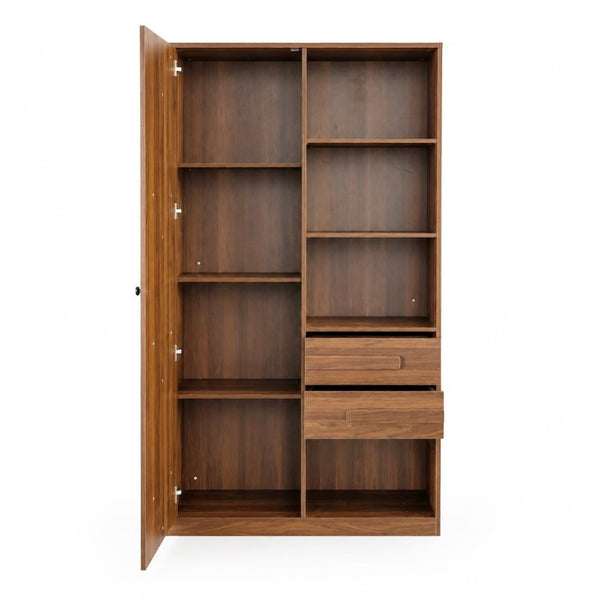 English Elm Freestanding Tall Fluted Door Cabinet with Drawers and Open Shelves for Slim Spaces W331S00249