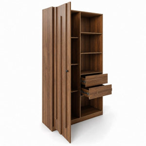 English Elm Freestanding Tall Fluted Door Cabinet with Drawers and Open Shelves for Slim Spaces W331S00249