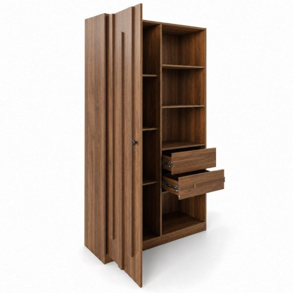 English Elm Freestanding Tall Fluted Door Cabinet with Drawers and Open Shelves for Slim Spaces W331S00249