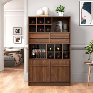 English Elm Modern Walnut Wine Cabinet Buffet with 12 Bottle Rack Drawers and Bar Storage W331S00254