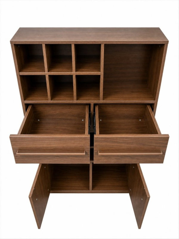 English Elm Modern Walnut Wine Cabinet Buffet with 12 Bottle Rack Drawers and Bar Storage W331S00254
